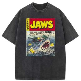 Men's T-Shirts Great White Shark Attack Wash T-shirt Mens Long sleeved Customised Sports Shirt Printing Fashion New Q240515