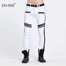 Men's Jeans EHMD New Jeans Men Black and White Folding Oversize European and American Zip Pocket 3D Decorative Denim Ft Pants Slim Fit23 T240515