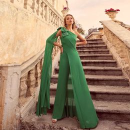 Green One Shoulder Jumpsuit Mother of the Bride Dreesses Bow Beads Chiffon Outift Special Ocn Dress Ruched Onepieces Formal Wear 0516