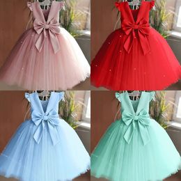 Summer Girls Lace Dresses For Kids 1-5 Year Flower Birthday Tulle Dress Backless Bow Princess Wedding Gown Kids Party Wear Child 240516