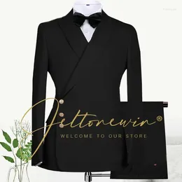 Men's Suits 2024 Custom Made Black Groom Tuxedo Peaked Lapel Double Breasted Men Suit Prom Wedding Party Mens Costume ( Jacket Pants)
