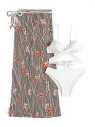 Women's Swimwear 2024 Women 3 Pieces Bikini Swimsuits Solid Color Sleeveless Sling Padded Bra Bottoms Butterfly Print Sarongs Long Skirts