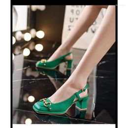 Dress Shoes Women's Mid-heel 5.5CM 2024 Summer French Style Back Empty Female Thick Heel Square Toe Mary Jane Black Green Talon Femme