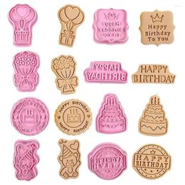 Baking Moulds Happy Birthday Cookie Cutter 8Pcs Set Cookies Stamp For Party Pressable Biscuit Mold Confectionery Pastry Tools