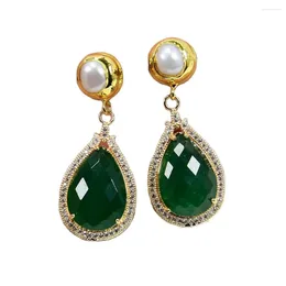 Dangle Earrings G-G Green Jade Teardrop Crystal Cz Paved Gems Stone White Pearl Stud Handmade Lady Jewelry Gifts