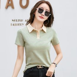 Korean Style Short Sleeve Polo Shirt Women Cotton Stretch Fashion Summer Tops Elegant Knitted Striped T-shirt For Women 240516