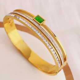 Bangle Luxury Emerald Double-Layer Rhinestone Bracelet Stainless Steel Cuff For Women Gold Silver Plated Wide