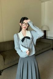 Work Dresses Korobov Preppy Style Long-sleeved Sweater Women Clothing Turn-down Collar Grey Pleated Skirt Two-piece Set Korean Fashion