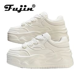 Fujin 6cm Microfiber Leather Women Casual Shoes White Platform Wedge Hidden Heel Shoes White Shoes Chunky Sneakers Skateboard 240510