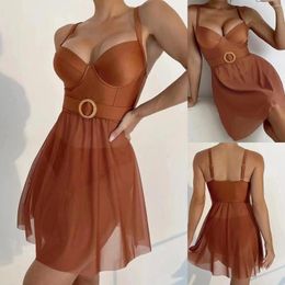 Women 2 PC Beachwear Chest Pad Push Up Spaghetti Strap Mesh Sexy Swimwear Tie Waist Backless See Through Beach Dress