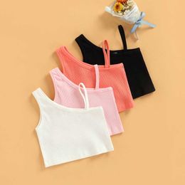 Colete focusnorm 2-8y Summer Fashion Little Girl Top Top Top 4-Color Rost Solid Manga Longa One ombro Rouno lacadoL240502