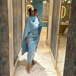 Blue Sky Mother of the Bride Dresses with Cape Sheath Tea Length Prom Gown for Special Ocns Long Sleeve Muslim Formal Dress 0516