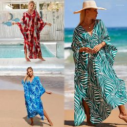 Bohemian Printed Bikini Cover-ups Elegant Self Belted Kimono Dress Tunic Women Plus Size Beach Wear Swim Suit Cover Up 17 Colours