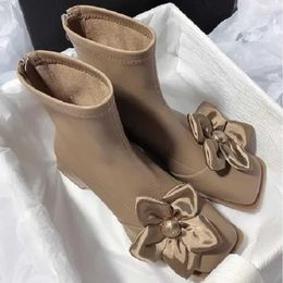 Boots French Autumn and Winter Soft Leather Flower Elastic Thin Korean Short Tube Sweet Design Square Headed Girl women shoes H240516