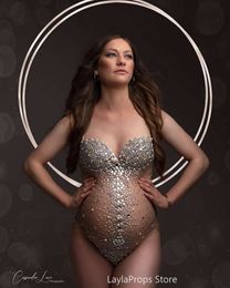 Maternity Goddess V Neck Rhinestones Pearls Luxurious Stretch Party Jumpsuits Pregnancy Dress for Photo Shoot Props Bodysuit