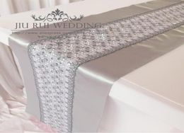 Fashion Double Layers Silver Satin and Lace Table Runner 2PCS For Party 9879785