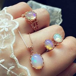 Wedding Jewellery Sets Elegant Aurora Oval Zircon Necklace Earrings Ring Set Suitable for Womens Romantic Gold Plated Artificial Opal Gift Accessories