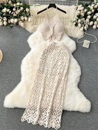 Women's Swimwear Beachwear Sexy Two Pieces Sets Women Halter Backless Camisole Hook Flower Hollow Skirt Fashion Vintage Knitted Suit