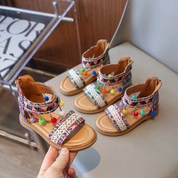 Sandals Girls Sandals Summer New Fashion Kids Baby Princess Shoes Children Fringed Soft-soled Flats Bohemia Style Tassels Sliders Y240515JQWI