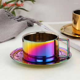 Mugs Colorful Simple Stainless Steel Double Wall Coffee Cup Saucer Spoon Set Luxury Travel Handle Mug Tea Cafe Party Drinkware