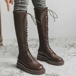 Boots High Quality Brown Long 2024 New Winter Cross Strap Womens Knee Fashion Versatile Autumn Ladies Zapatos H240516