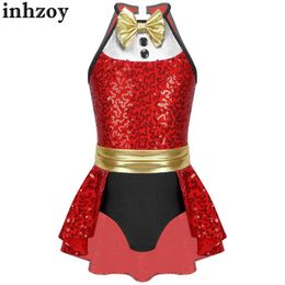 Dancewear Kids Shiny Sequins Tuxedo Leotard Dress Ice Skating Stage Performance Christmas Costume Cutout Back Patchwork Dance DressL240502