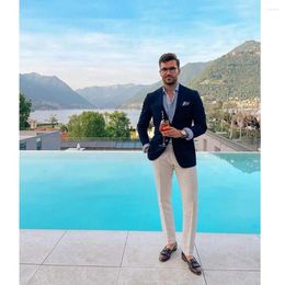 Men's Suits Luxury Men Single Breasted Notch Lapel Casual 2 Piece Navy Blue Blazer Beige Pants Prom Party Male Clothing Terno