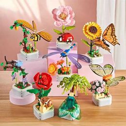 Blocks Insect Flower Potted Building Blocks Successful Bouquet Bricks Model Creative Decoration DIY Assembly Toy Girl and Childrens Gift WX