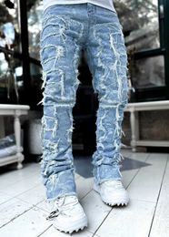 Men's Jeans Man Stacked Jeans Elastic Waist Straight Fit Patchworks Denim Long Pants Fringe Ripped Jeans For Men T240515