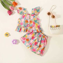 Girl's Dresses Summer New Two Piece Shorts Top With Small Flying Sleeves Hanging Strap With Flower Print Button Ruffles Lightweight And Thin