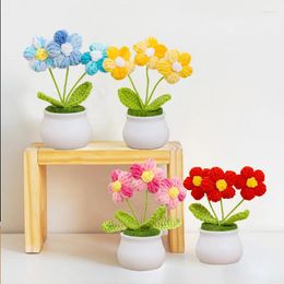 Decorative Flowers Artificial Flower Pure Hand Woven Simulation Knitted Woollen Puff Potted Plant Handmade Crochet Pots