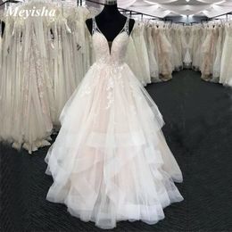 ZJ9204 2021 Lovely Ruffles Layered Skirt Lace Wedding Dress Backless Deep V Neck Tiered Bridal Gowns Customer Made 2526