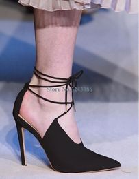 Dress Shoes Black Suede Cross Strap Thin High Heels Pumps Pointed Toe Stiletto Women Elegant Ankle Lace Up