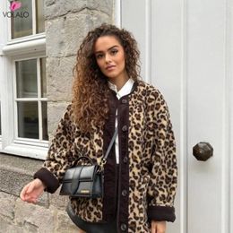 Women's Jackets VOLALO Vintage Leopard Print Warm Wool Coats For Women O-neck Single Breasted Pockets Autumn Winter Female Streetwear