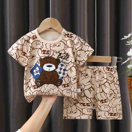 Clothing Sets 2024 New Childrens Boys and Girls Summer Pyjamas Cute Cartoon Printed Short sleeved T-shirt Top with Shorts for Preschool and Baby Clothing Set WX