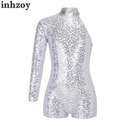 Dancewear Kids Girls Single Long Sleeve Shiny Sequins Gymnastics Unitards Invisible Zipper Ballet Jazz Dance Leotards Biketards CostumeL2405