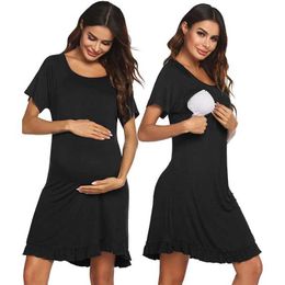 Maternity Dresses Womens Maternity Dresses Casual Short Sleeve Nursing Lounge Dress Summer Loose Short Ruffle Pleated Pregnant Dress Y240516