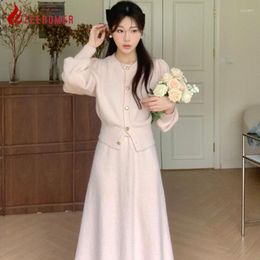 Work Dresses 2024 Fall Knit 2 Piece Set Korean Elegant Women Sweet Pink O-neck Lantern Long Sleeve Sweater Cardigan Elastic Waist Skirt