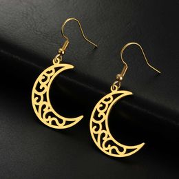 Filigree Moon Crescent Dangle Stainless Steel Vintage Mysterious Drop Earrings For Female Amulet Gothic Jewellery