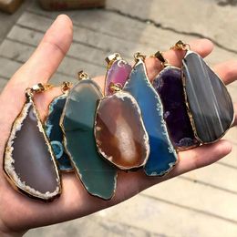 Decorative Figurines Gold-plated Agate Wind Chimes Decoration Jade Slice Natural Colorful Rough Stone Diy Necklace Sweater Chain Pendant