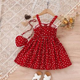Girl's Dresses 2PCS Summer 4-7 Baby Girls Soft And Comfortable Cool Simple Beautiful American Pastoral Red Love Lace Dress + Crossbody Bag