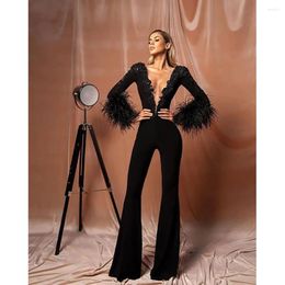 Party Dresses Sexy Deep V-Neck Long Sleeve Appliques Feathers Jumpsuits Slim Fit Skinny Prom Special Event Beautiful Women Evening Dress