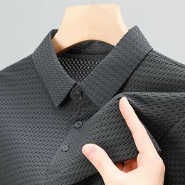 Highend Ice Silk Mesh Thin Shortsleeved Tshirt Mens Summer Casual Lapel Polo Shirt Fashion Solid Colour Breathable Tops 240510