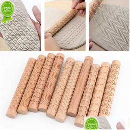 Baking Moulds New Wooden Texture Mud Pressed Roller Pattern Rod Embossed Polymer Clay Rolling Pin Ceramic Y Art Drop Delivery Home Gar Dhunt