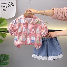 Clothing Sets Western Baby Girl Boutique 2024 Korean Style Cartoon Turn-down Collar Short Sleeve Shirts And Shorts Girls Outfit Set