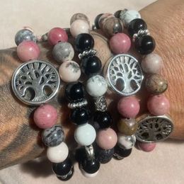 MG2163 8 MM Howlite Black Onyx Lava Rhodonite Gemstone Mix Bracelet Womens Tree of Life Stress Relief Wrist Yoga Mala