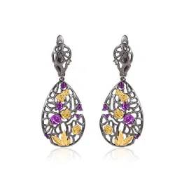 Dangle Earrings Round Cut 4mm Natural Amethyst Hollowed Out Flowers Ear Rings Tarnish Free Women