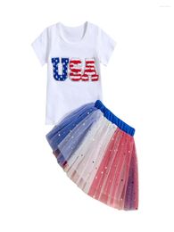Clothing Sets Summer Independence Day Kids Girls Outfit Short Sleeve Letter Embroidery Tops Tulle Skirt Clothes Set