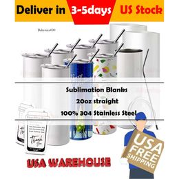 US Warehouse Sublimation Blanks Tumblers 20Oz Stainless Steel Straight Blank Mugs White Tumbler With Lids And Straw Heat Transfer Gift Mug Bottles 50Pcs/Carton 0516