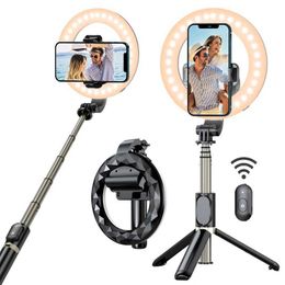 Selfie Monopods Selfie ring light with selfie stick tripod phone holder portable detachable and dimmable LED ring lightB240515